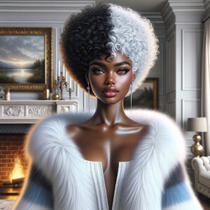 a full body veiw of a colorful gloss hyper realistic oil painting of a regal beautiful light skinned afro  American girlwith beautiful pixie cut one side of hair is black and the other side  of her hair white slick baby hair and furry white and pink and blue furry coat and outfit under the coat standing in living room with fireplace