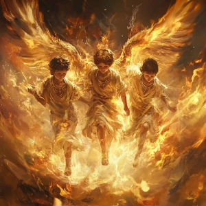 Create image of three Hebrew boys and an angel surrounded by flames but are unharmed