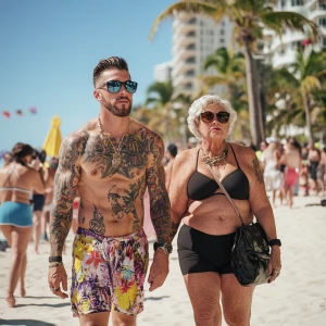 A well-built, tattooed man with a muscular physique, glistening...