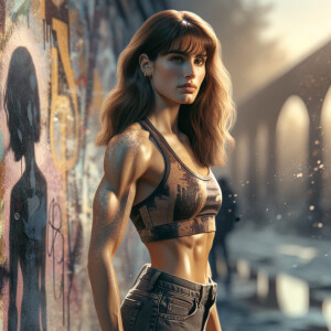 Athletic Thin skinny Attractive, Asian teenage girl, long brown hair and bangs, wearing tight skinny jeans and a halter top paint marks on her clothing, heroic pose Asian graffiti background, side view