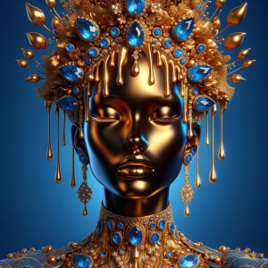Create a 3-D realistic, elegant figure against a vivid blue back...