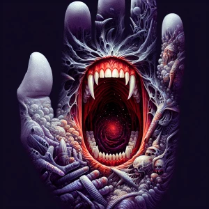 she is a screaming mouth on the palm. Evil , crimson vampire tee...