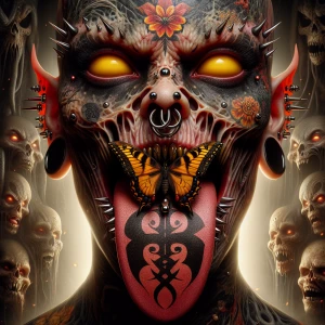 "A surreal, highly detailed digital painting of a monstrous face...