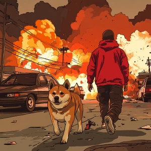DOGE meme..walking away from cars exploding, 90's clothing, in G...