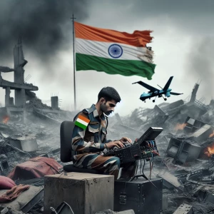 A soldier clad in Indian military uniform, engaged in operating...