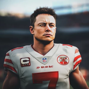 Elon Musk NFL player, there are many players around on the football field, the picture is in motion, in GTA style