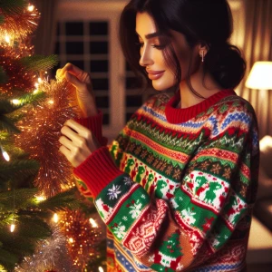 Woman in Christmas sweater hanging tinsel on her Christmas tree