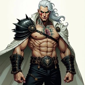 Strong man, athletic body, white hair, scar on nose, demonic tat...