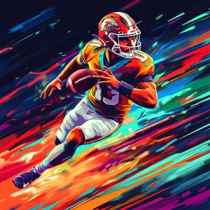 Elon Musk NFL player, there are many players around on the football field, the picture is in motion, carton colorful art style