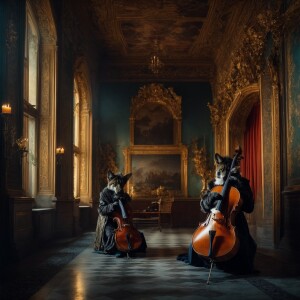 Three ethereal alien beings, distant planet, gracefully playing...