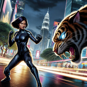 Woman fighting cat in avengers style