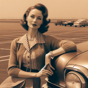Hi resolution picture of a woman in the 1950s leaning on her car