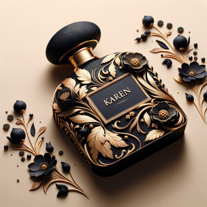 Design, a black and gold perfume bottle in the shape of a woman’s body with flowers and the name Karen