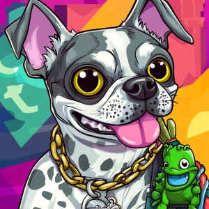 A cartoon-style anthropomorphic dog involved in a GTA-style bank...