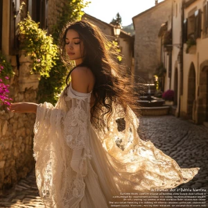 “A cinematic shot of Dahlia Valentina arriving at a sunlit stone...