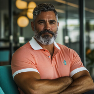 The image shows man white a bearded black, gray haired muscular...