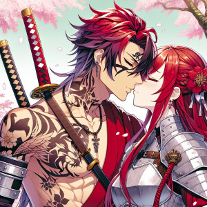 Renji Abarai from the anime “Bleach” kisses Erza Scarlet from th...