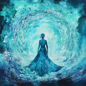 Generate a watercolor painting portraying a woman radiating a my...