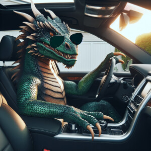 Dragon riding inside if a car with shades on