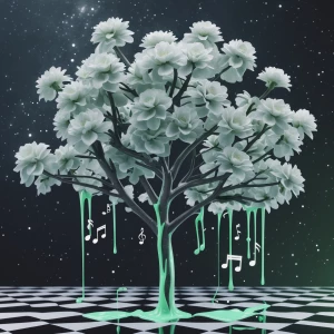 White flowering tree. music notes, glitch, oozing cosmic oily li...