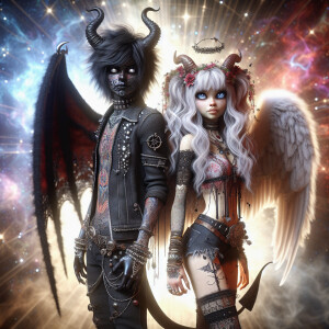 beautiful whimsical punk-goth Demon and punk-goth Angel, full bo...