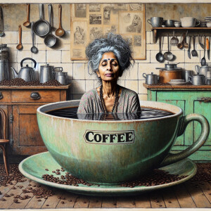 giant cup of coffee with a vintage green kitchen background a mi...
