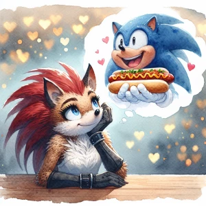 realistic watercolor. she Amy Rose hedgehog from Sonic, elbows resting on a wood table, one hand under her chin, deep in thought and in love looking up at a thought bubble with (((a greedy happy blue Sonic the Hedgehog munching on a spicy hotdog making a lot of mess))) in the thought bubble. soft gold bokeh hearts bg. no extra details