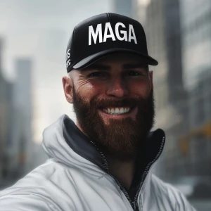 White muscular thin man with beard, big chin, smile and cheekbon...