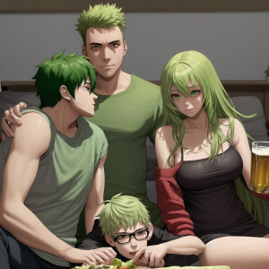 A photo of a loving couple, a girl with green hair and an ordina...