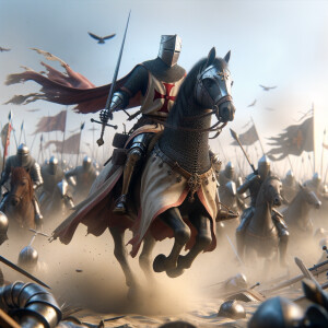 A Templar knight riding a horse in a battle scene, ultra hyper photorealistic