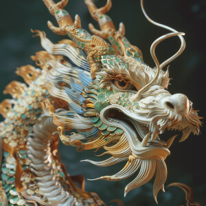 Mythical  Chinese dragon with the colors gold, white and blue as...