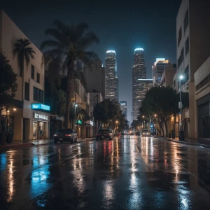 A nighttime view of Los Angeles after rain, showcasing wet stree...