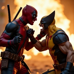 Deadpool fighting Wolverine in a bloody battle,  cinematic scene...