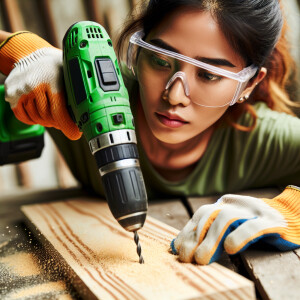 Una persona trabajando con un taladro verde taladrando