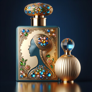 Create a 3-D realistic gold and blue, colorful jewels perfume b...