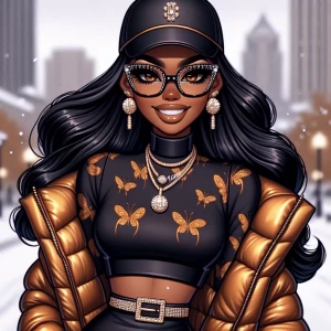 Design an image of a Betty Boop, with hazelnut brown skin featur...