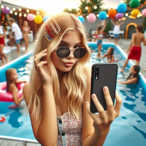 blonde girl mirror selfie circa 2008 pool party, real photo