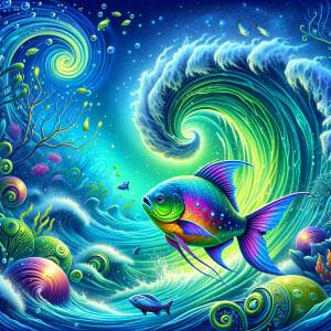 Purple and green piranha taming a hurricane