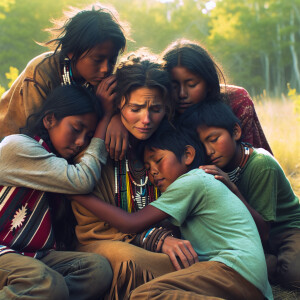 American Indian children hugging and healing their struggling Mo...