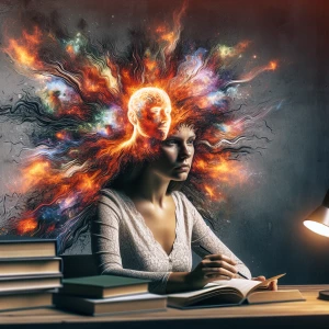 Create a photorealistic image of a woman sitting at a desk, with...