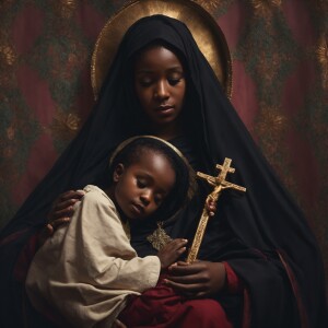 Black Virgin Mary holding baby Jesus and a Cross