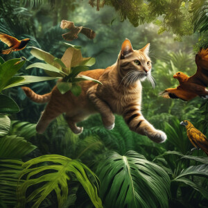 A flying cat with some other animals in the jungle