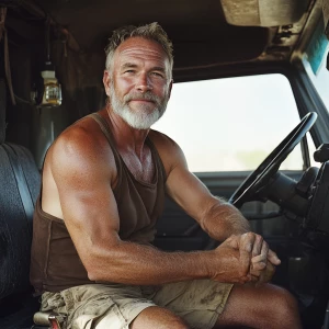 A muscular, older man with a well-groomed gray beard and short, salt-and-pepper hair sits confidently in the cab of a rugged truck. He’s wearing a snug brown tank top that shows off his bulging arms and broad shoulders, paired with tan cargo shorts that highlight his strong, athletic legs. His work boots, scuffed and worn from years of use, rest on the floor of the truck. The man exudes a rugged, seasoned vibe, with a hint of a smile as he grips the steering wheel, ready to hit the road. The truck’s interior is practical and well-used, with a few personal touches like a hanging air freshener and a coffee thermos in the cup holder