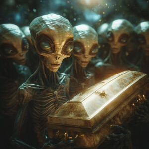 : A crowd of giant Aliens staring down at a casket in a burial i...