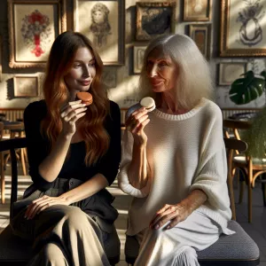 A 45-year-old long ginger-haired woman wearing a casual black en...