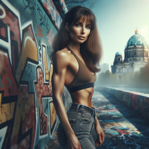 Athletic Thin skinny Attractive, Asian teenage girl, long brown hair and bangs, wearing tight skinny jeans and a halter top paint marks on her clothing, heroic pose Asian graffiti background, side view