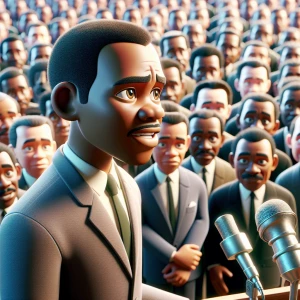 "Standing resolutely at the podium, Martin Luther King Jr. addre...