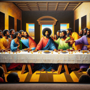 A vibrant oil painting of 'The Last Supper', closely focused on...