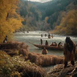 American indians scene with tps and fishing nets and plenty of A...