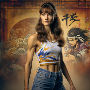 Athletic Thin skinny Attractive, Asian teenage girl, long brown hair and bangs, wearing tight skinny jeans and a halter top paint marks on her clothing, heroic pose Asian graffiti background, side view